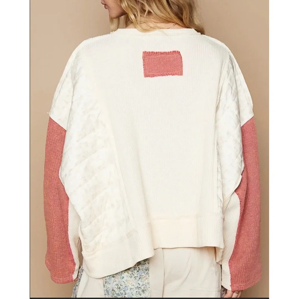 POL Mixed Media Waffle Knit Quilted Patchwork Pullover Top Cream Mauve YKT1307A - Picture 2 of 10